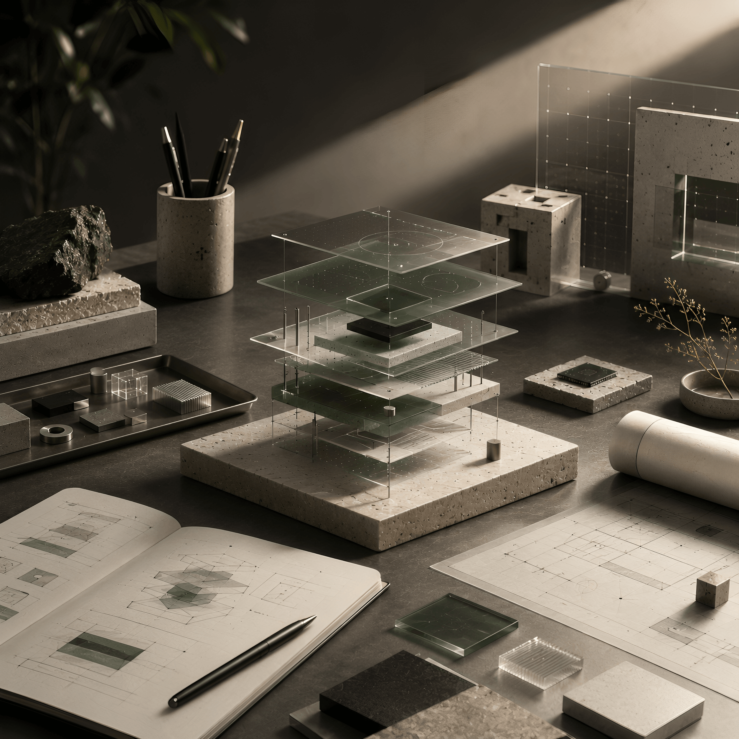 Prototype workbench with technical sketches, components, and an evolving product model.
