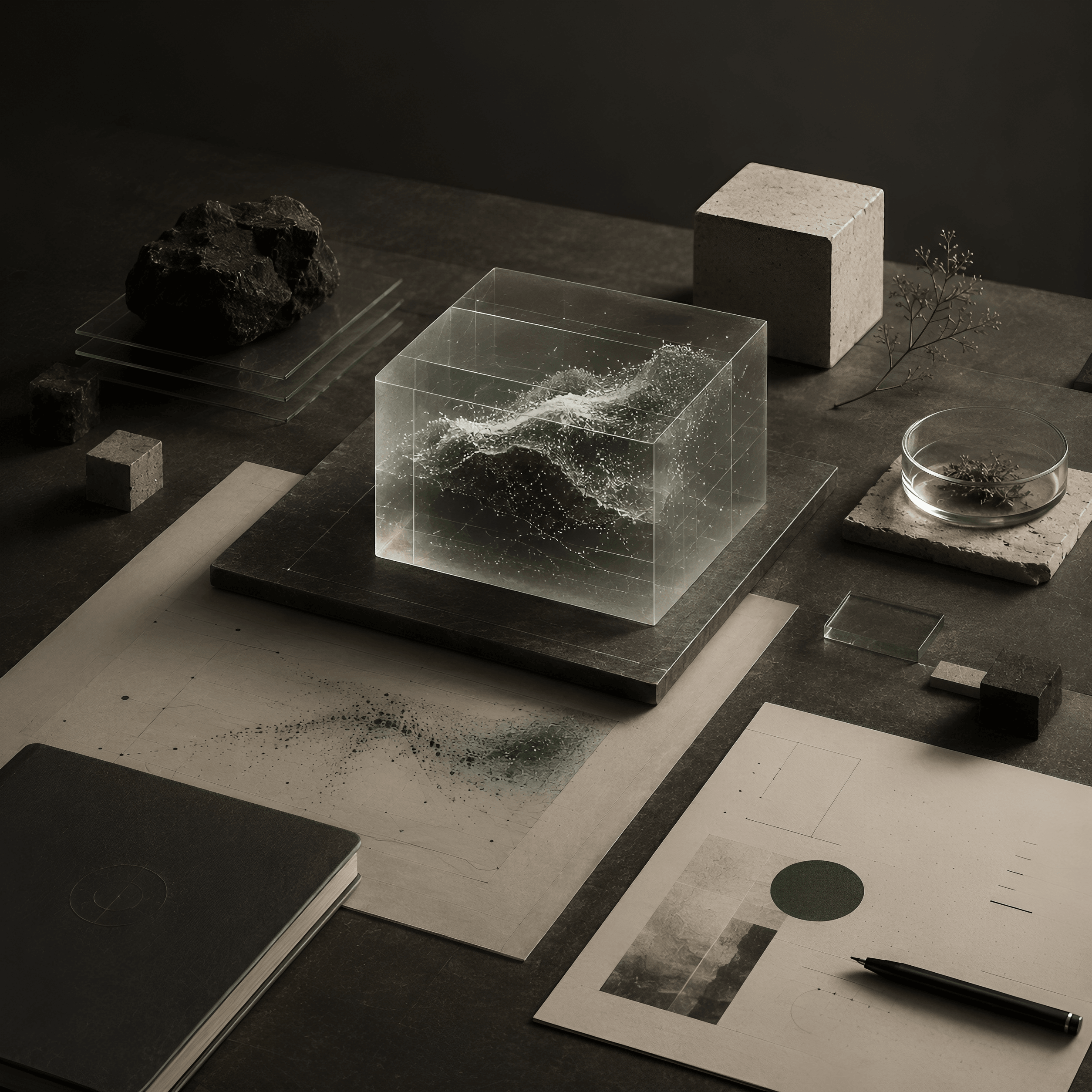 Research workspace with experimental materials, technical notes, and abstract data studies.